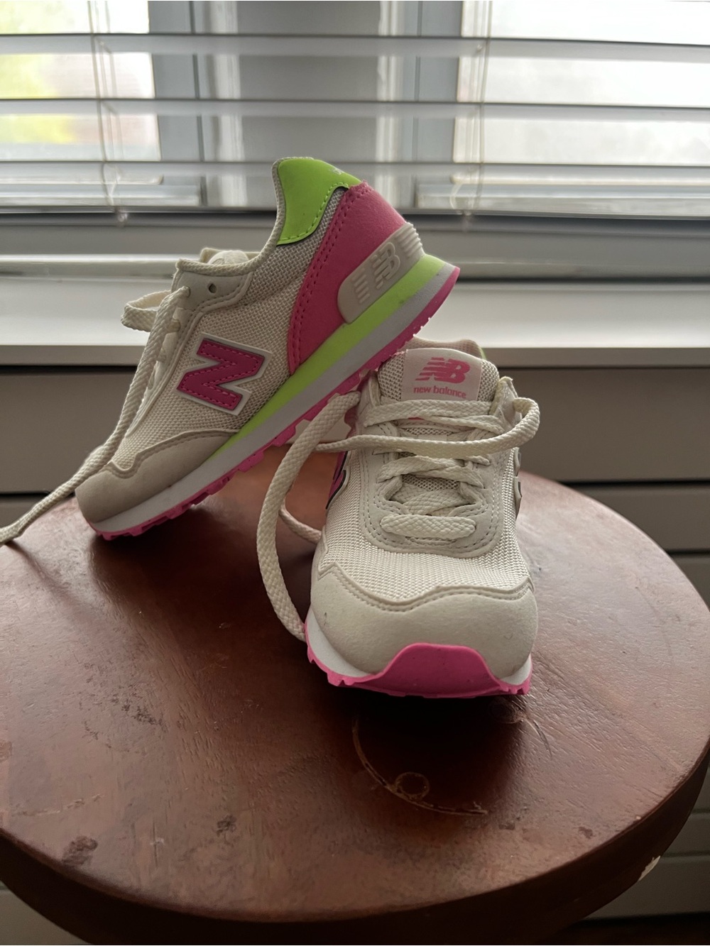 New Balance Kids Cream Sneakers with Pink & Neon Green Accents